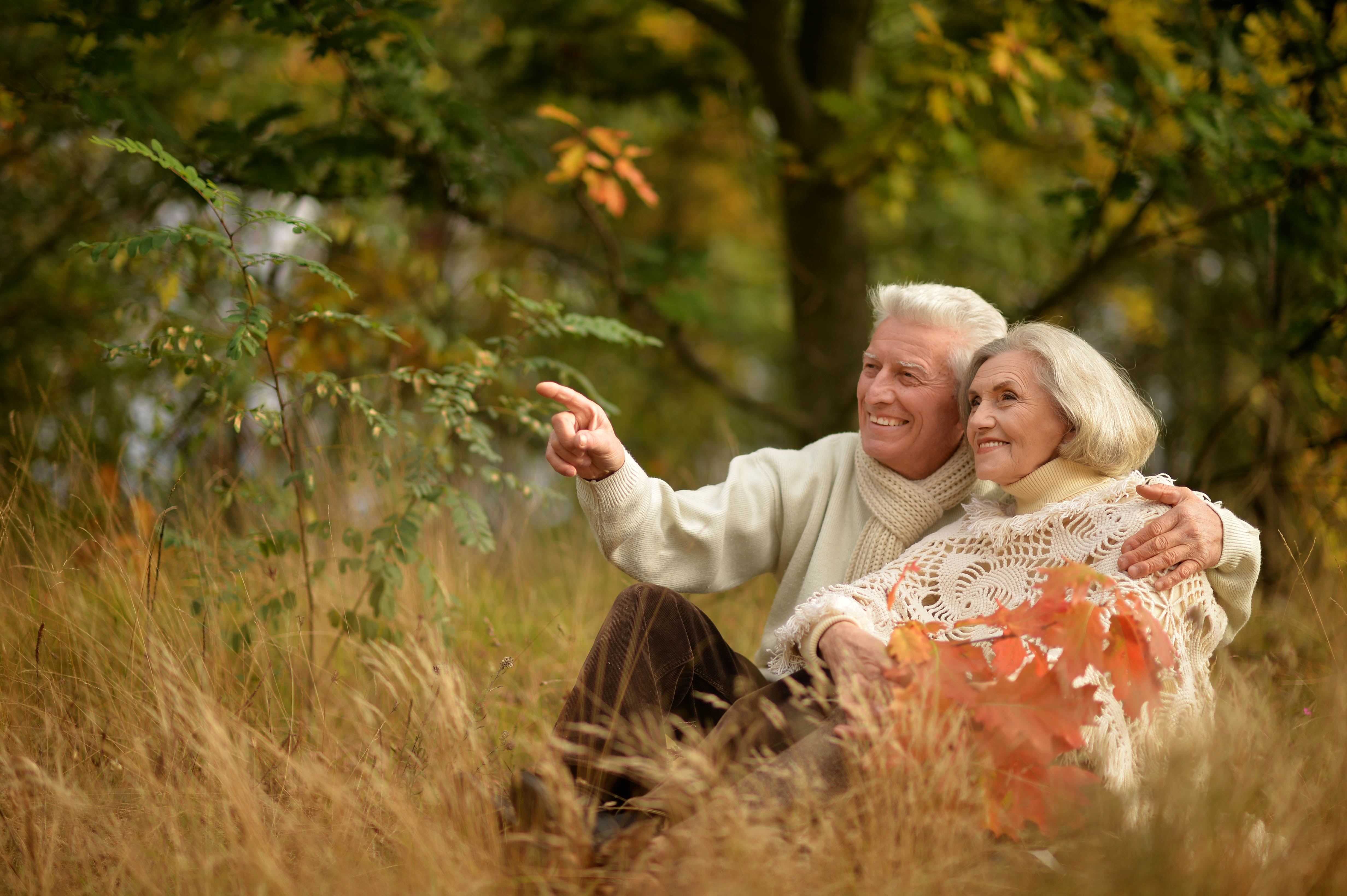 Two elderly adults sitting in a field looking at flowers.